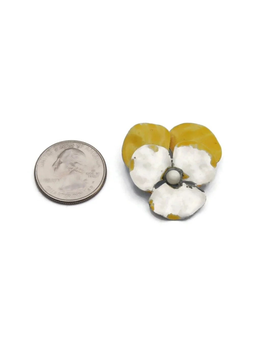 Vintage White and Yellow Enameled Flower Brooch with Faux Pearl.